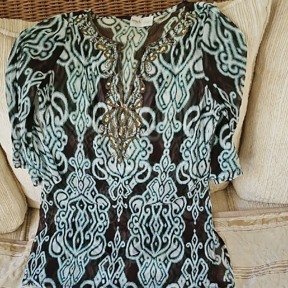 INC International Concepts Green Graphic Short Sleeve Swim Coverup